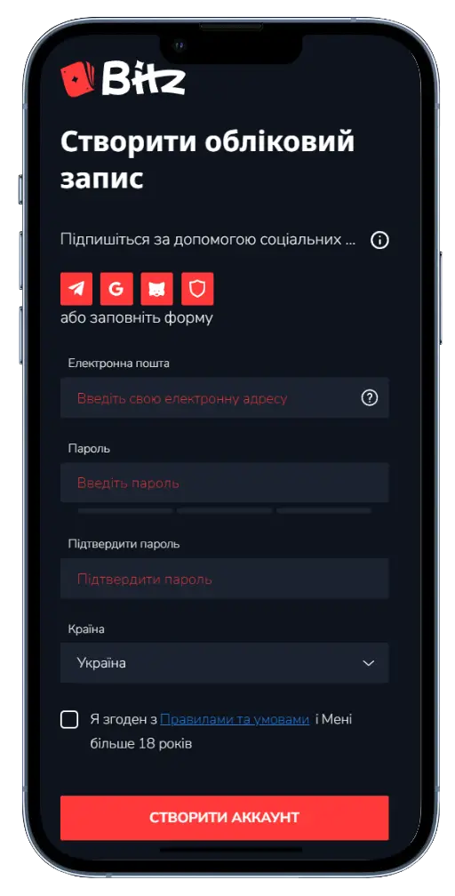 Реєстрація нового акаунту Bitz Casino через мобільний застосунок Мобільна форма реєстрації Bitz Casino з полями для заповнення та кнопкою створення акаунту